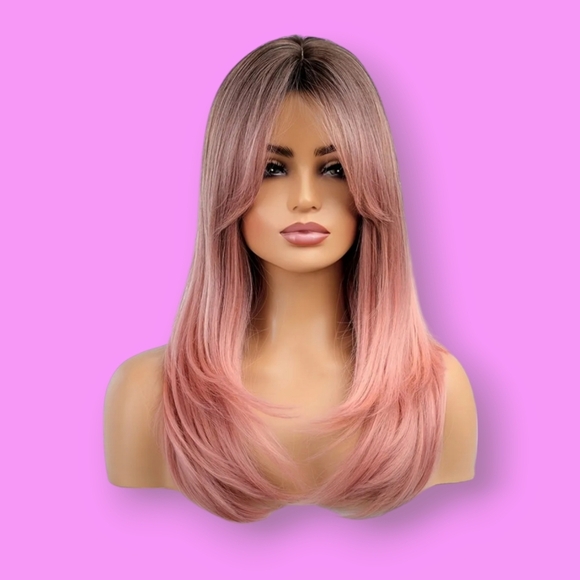 Pink Ombre Layered w/ Bangs Synthetic Wig - Picture 1 of 5